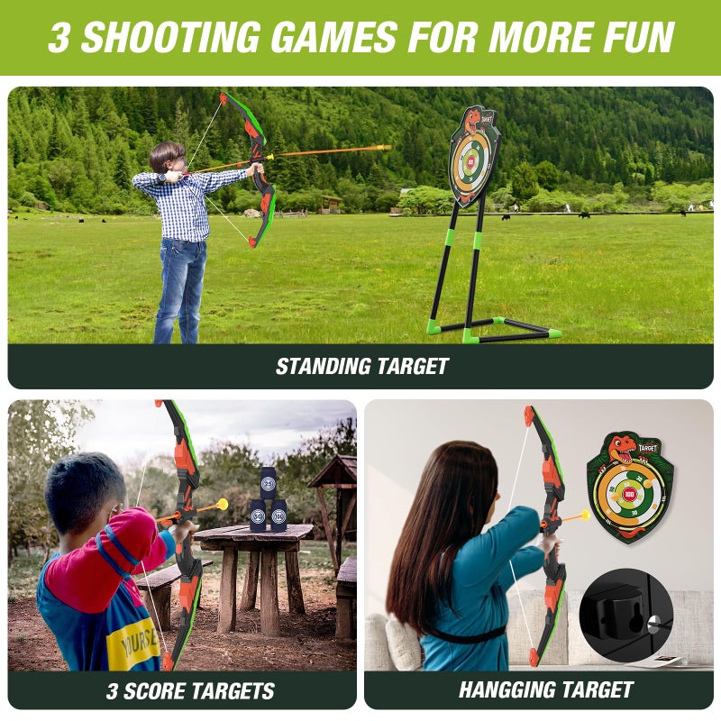 HYES Bow and Arrow for Kids, LED Light Up Archery Set with 12 Suction Cup Arrows, 1 Standing Target, 3 Score Targets & 1 Quiver, Indoor Outdoor Sport Gifts for Boys Girls Ages 4-12, Green - Image 2