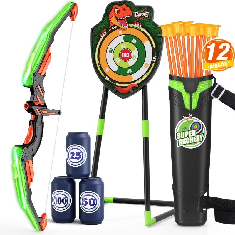HYES Bow and Arrow for Kids, LED Light Up Archery Set with 12 Suction Cup Arrows, 1 Standing Target, 3 Score Targets & 1 Quiver, Indoor Outdoor Sport Gifts for Boys Girls Ages 4-12, Green - Image 1