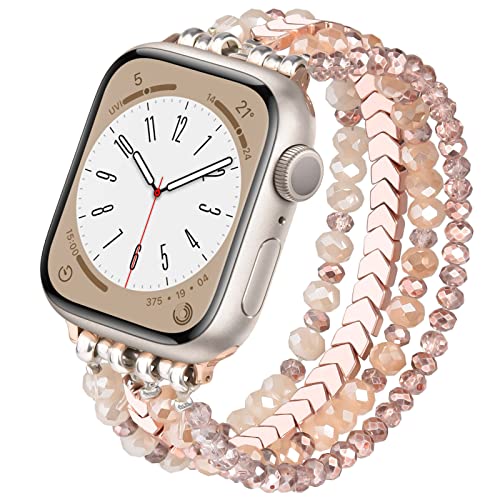 MOFREE Beaded Bracelet Compatible with Apple Watch Band 38mm/40mm/41mm/42mm, Fashion Elastic Stretch Women Bands for iWatch Series 11/10/9/8/7/SE/6/5/4/3/2/1 iPhone Watch Strap Bands Rose Gold - Image 1