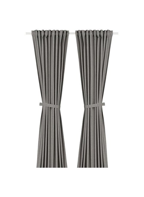 Curtains With Tie-Backs, 1 Pair, With Heading Tape/Dark Grey, 140X300 Cm