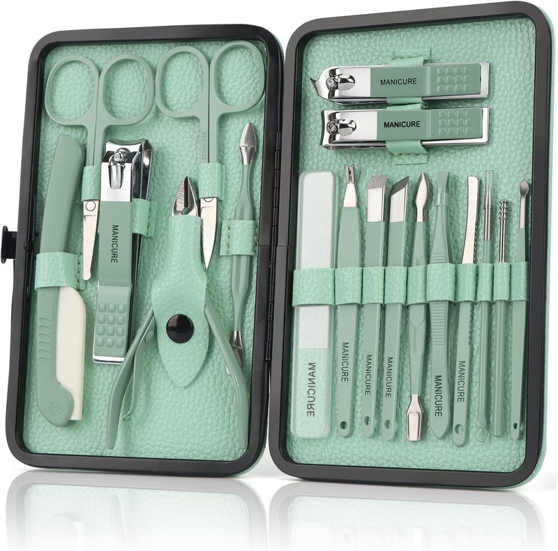 OWill Manicure Set 18pcs Nail Clippers Pedicure Kit with PU Leather Case Nail Care Kit Professional Tools Gift for Women Wife Girlfriend Parents Green