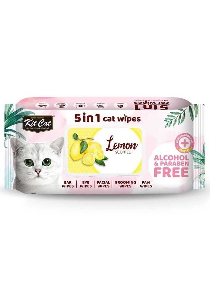 Kit Cat مناديل معطرة بالليمون 5 في 1 لتنظيف الأذن والعين والوجه والكفوف والقطط، 80 منديلًا، 15 × 20 سم - Image 1