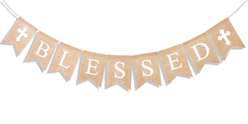 Uniwish Blessed Burlap Banner Easter Baptism Decorations Garland for Home Fireplace D?cor Vintage Rustic Hanging Sign Party Supplies - Image 1
