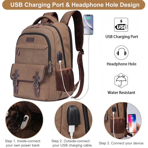 Mactso Canvas Travel Laptop Backpack for Men Women, Business Work Rucksack College School Computer Bag Fits 15.6 Inch Notebook,Bookbag with USB Charging Port (Coffee, 15.6 Inch) - Image 2