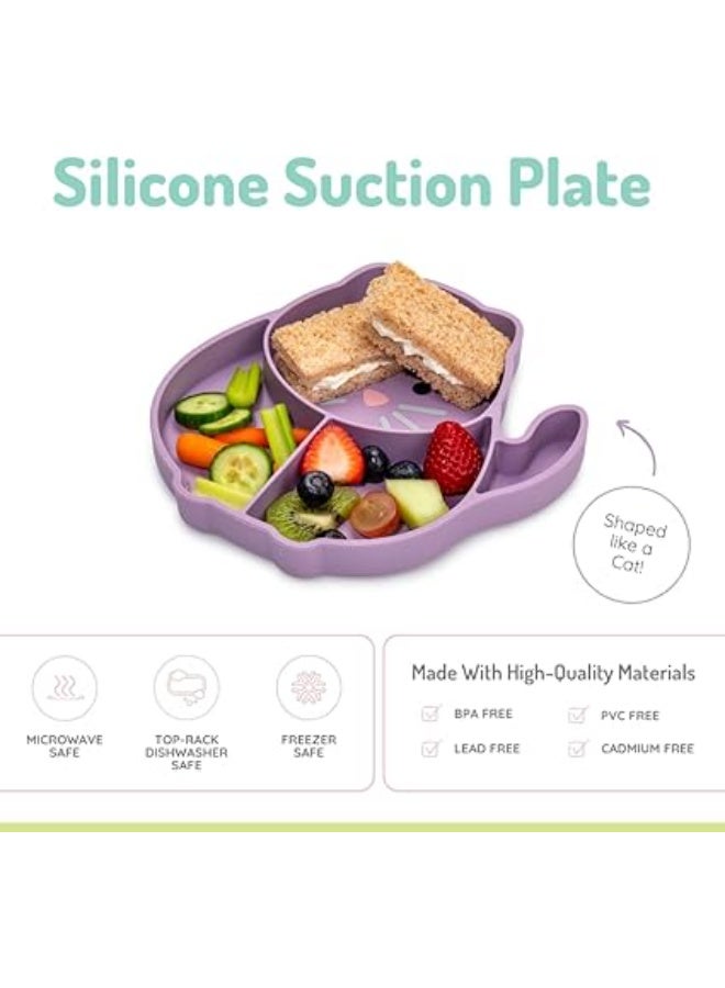 ميلي طبق مقسم من السيليكون بتصميم يلتصق بالشفط - مصنوع من 100% سيليكون للرضع والأطفال الصغار - خالي من مادة بيسفينول أ، آمن للاستخدام في غسالة الأطباق والميكروويف (شكل قطة) - Image 3