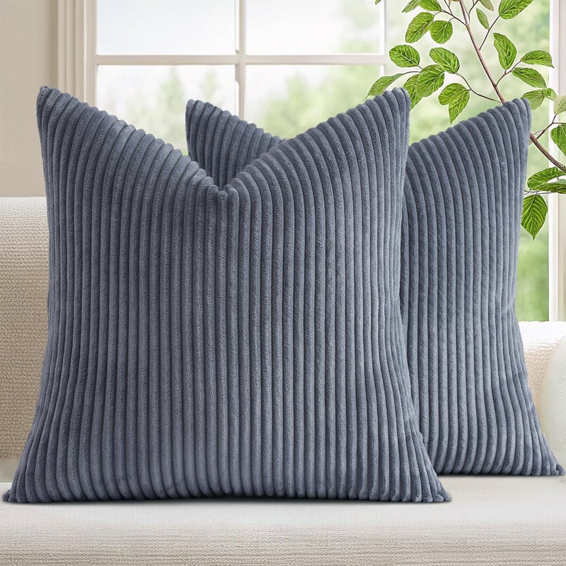 Mecatny Corduroy Decorative Throw Pillow Covers 18x18 Set of 2 for Sofa Living Room, Soft Neutral Boho Couch Pillow Covers for Home Decor, Blue Grey - Image 1