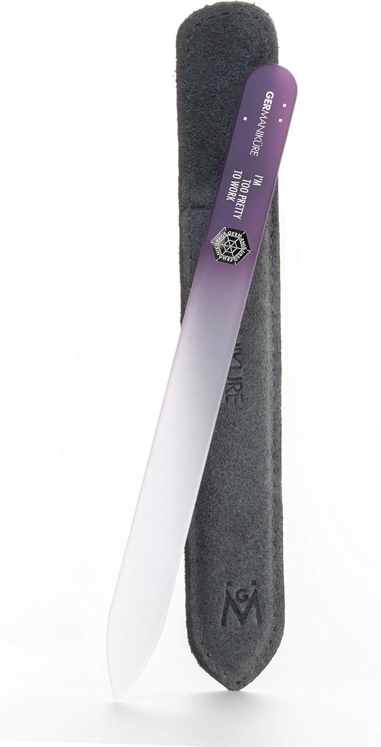 GERMANIKURE Glass Nail File in Suede Sleeve Im Too Pretty to Work Professional Crystal Nail File for Natural Nails Ideal Manicure Pedicure Tool for Smooth Easy Shaping Nail Care Gift