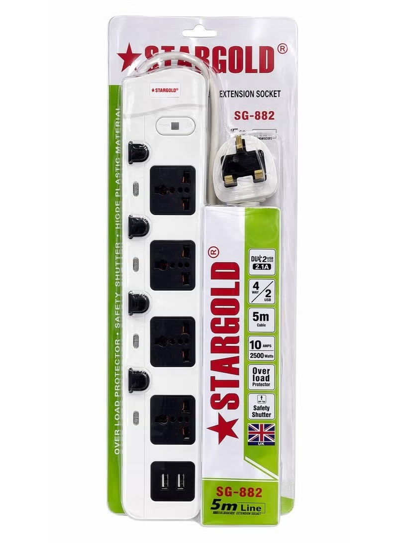 STARGOLD SG-882 Extension Socket 4 Way Power Strip with 2 USB Ports (2.1A), 5M Long Cable, Universal Multi Plug, Overload Protection, Safety Shutter, Heavy Duty Extension Board for Home & Office, 2500W 10A