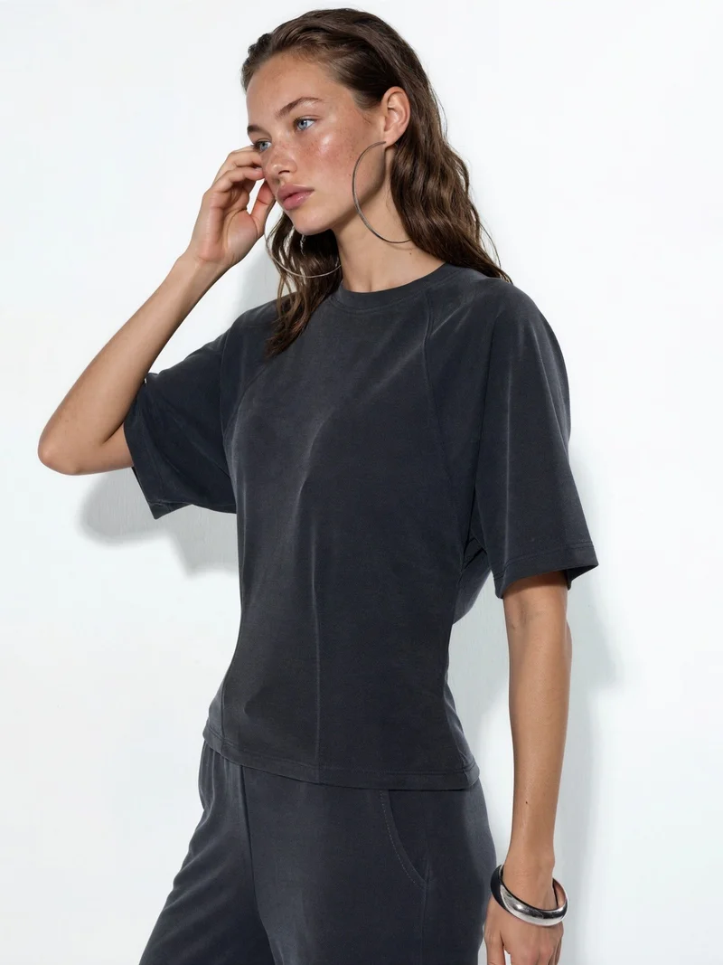 بوسيم BUSEM Ribbed Crew Neck Short-sleeve Blouse