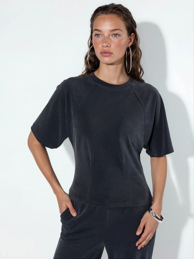 بوسيم BUSEM Ribbed Crew Neck Short-sleeve Blouse