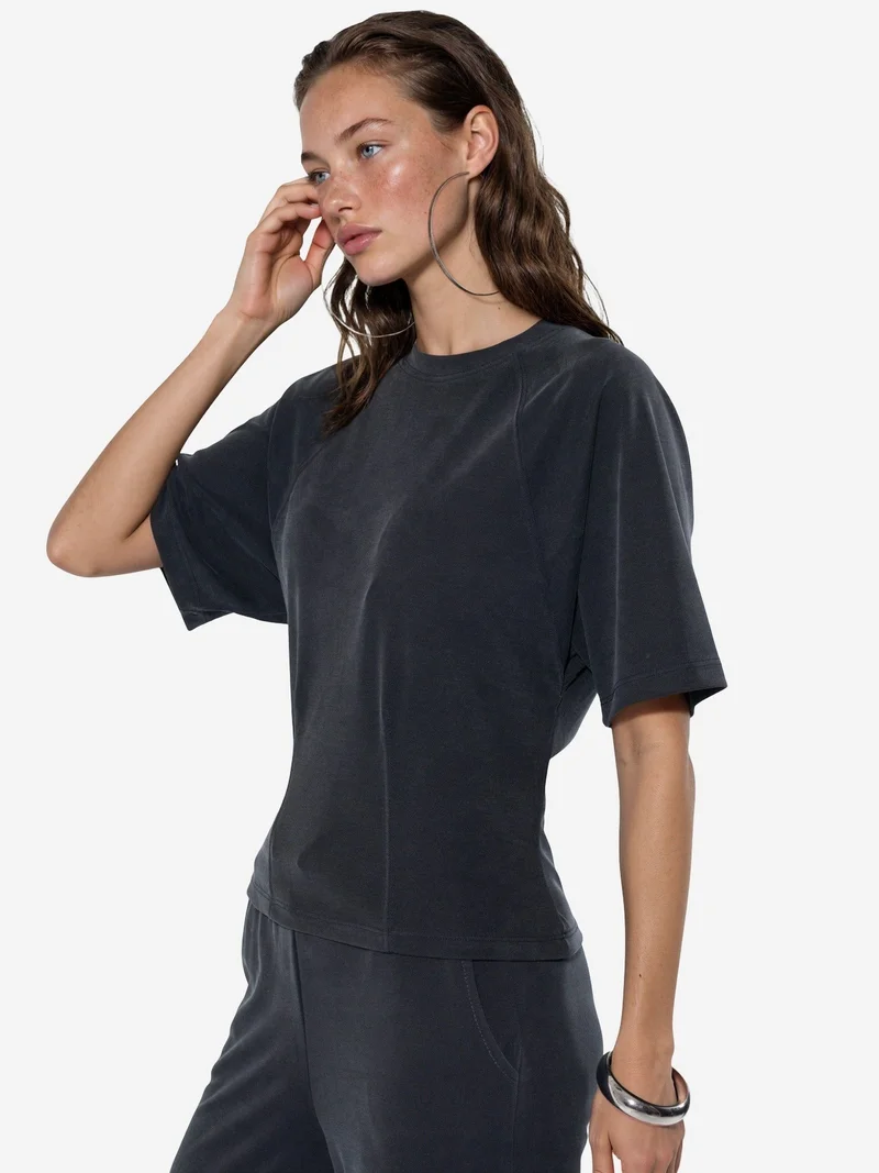 بوسيم BUSEM Ribbed Crew Neck Short-sleeve Blouse
