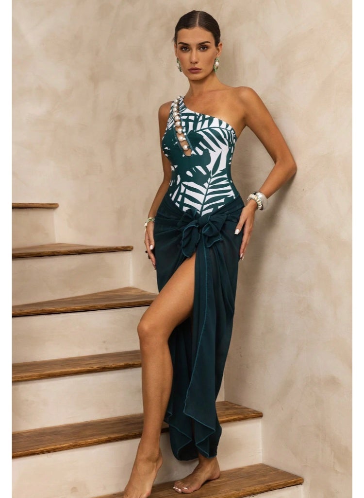 SHEIN Swim Oasis 2pcs/Set Women's Summer Beach Vacation Sexy One Shoulder Hollow Pearl One-Piece Swimsuit With High-Quality Digital Printed Mesh Maxi Skirt Set - Image 5