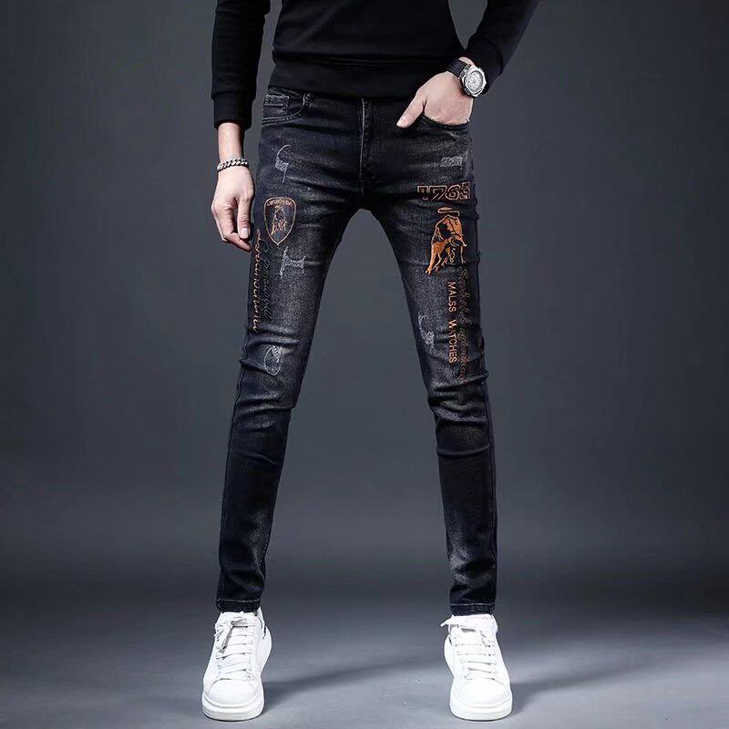 Spring and autumn new men's embroidered jeans men's slim-fit small feet elastic casual Korean style trendy black pants men - Image 1