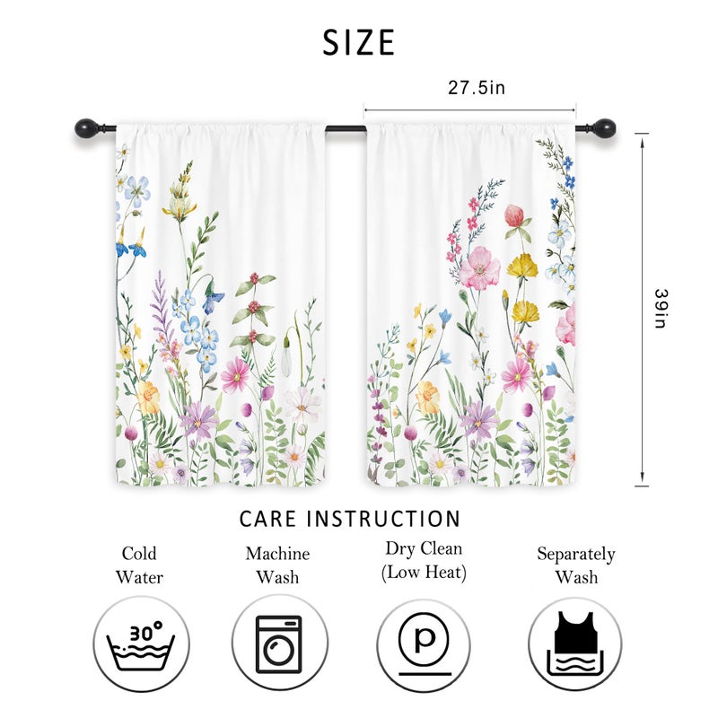 Riyidecor Watercolor Floral Curtains Wildflower Rod Pocket Colorful Flowers Leaves Plants Botanical Women Girls Blossom Spring Nature Rustic Bedroom Living Room Treatment Fabric 2 Panels 42 x 63 Inch - Image 2