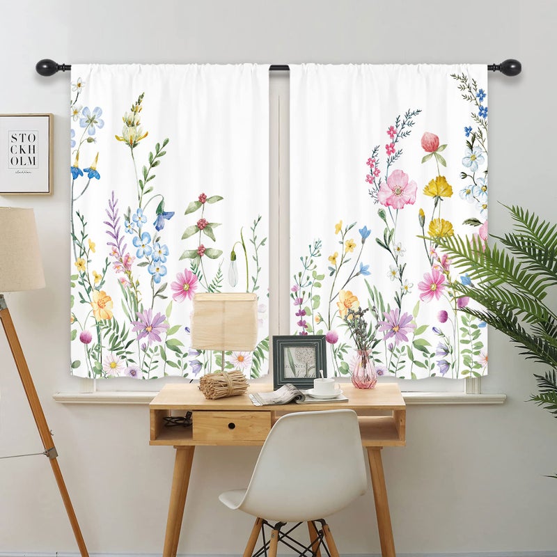 Riyidecor Watercolor Floral Curtains Wildflower Rod Pocket Colorful Flowers Leaves Plants Botanical Women Girls Blossom Spring Nature Rustic Bedroom Living Room Treatment Fabric 2 Panels 42 x 63 Inch - Image 3
