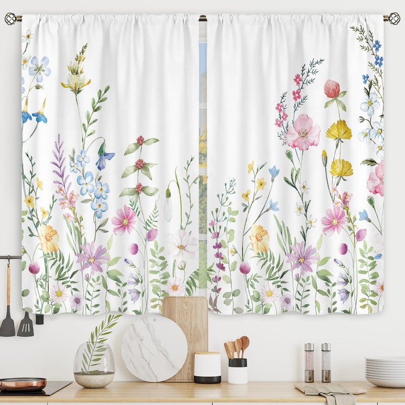Riyidecor Watercolor Floral Curtains Wildflower Rod Pocket Colorful Flowers Leaves Plants Botanical Women Girls Blossom Spring Nature Rustic Bedroom Living Room Treatment Fabric 2 Panels 42 x 63 Inch - Image 1