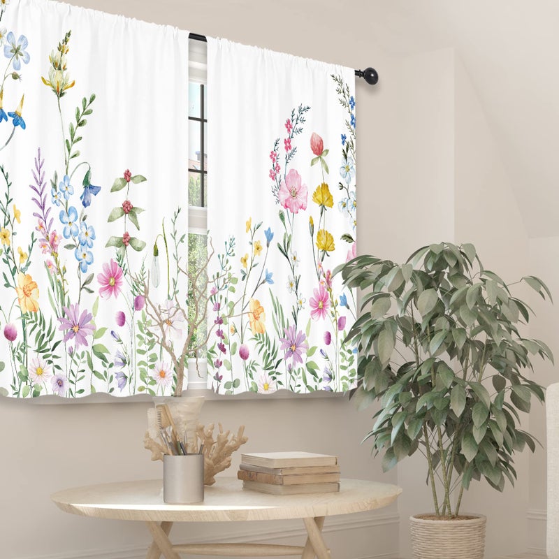 Riyidecor Watercolor Floral Curtains Wildflower Rod Pocket Colorful Flowers Leaves Plants Botanical Women Girls Blossom Spring Nature Rustic Bedroom Living Room Treatment Fabric 2 Panels 42 x 63 Inch - Image 5