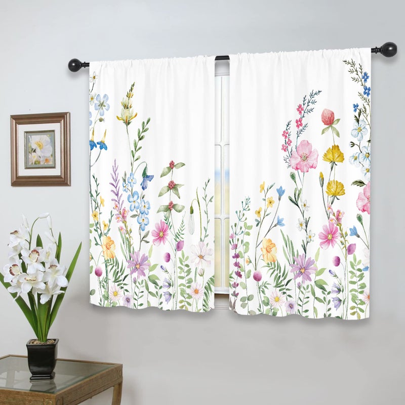 Riyidecor Watercolor Floral Curtains Wildflower Rod Pocket Colorful Flowers Leaves Plants Botanical Women Girls Blossom Spring Nature Rustic Bedroom Living Room Treatment Fabric 2 Panels 42 x 63 Inch - Image 4