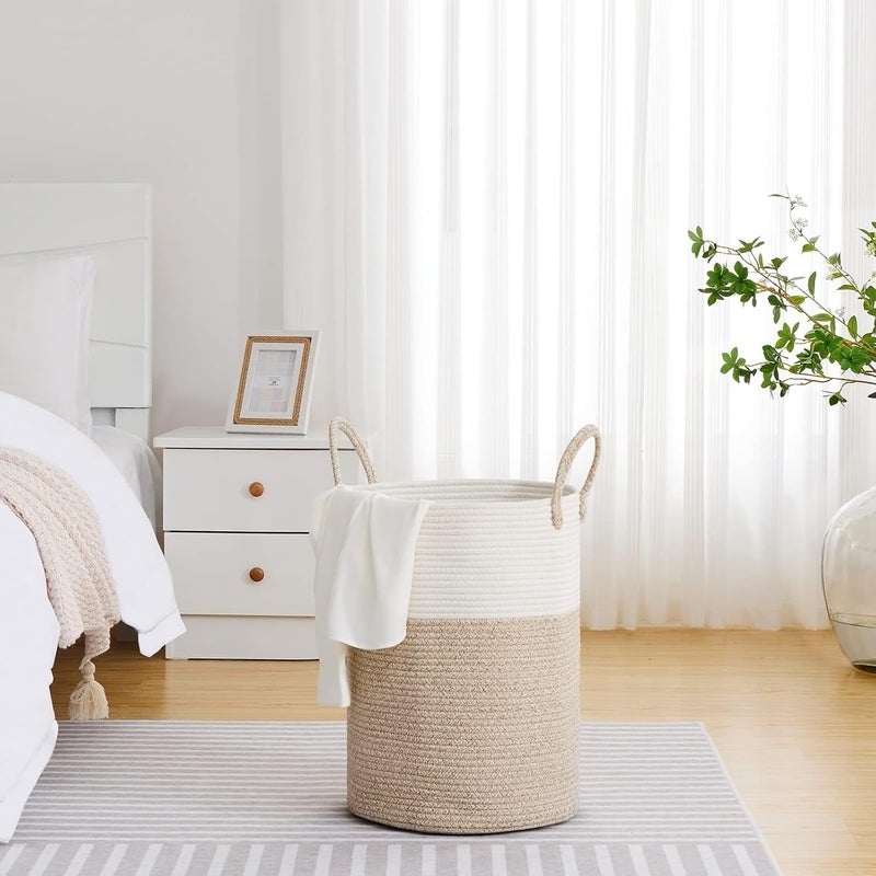 Large Laundry Hamper, Tall Woven Rope Storage Basket for Blanket, Toys, Dirty Clothes in Living Room, Bathroom, Bedroom - 40l White & Brown - Image 4