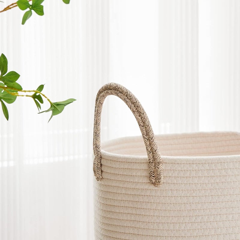 Large Laundry Hamper, Tall Woven Rope Storage Basket for Blanket, Toys, Dirty Clothes in Living Room, Bathroom, Bedroom - 40l White & Brown - Image 3