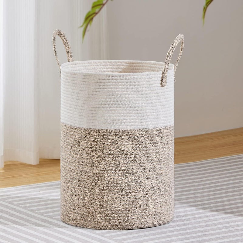 Large Laundry Hamper, Tall Woven Rope Storage Basket for Blanket, Toys, Dirty Clothes in Living Room, Bathroom, Bedroom - 40l White & Brown - Image 1