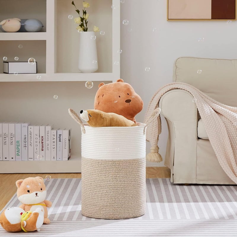 Large Laundry Hamper, Tall Woven Rope Storage Basket for Blanket, Toys, Dirty Clothes in Living Room, Bathroom, Bedroom - 40l White & Brown - Image 2