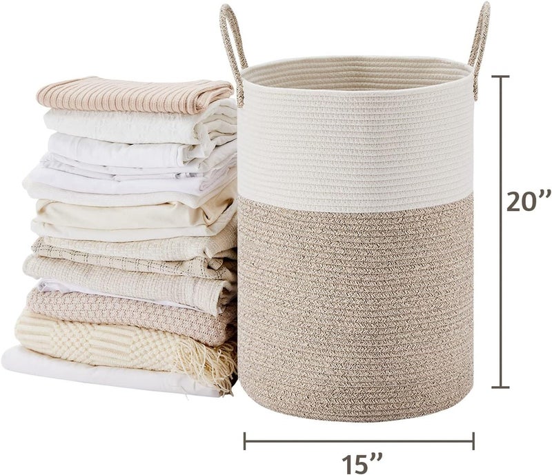 Large Laundry Hamper, Tall Woven Rope Storage Basket for Blanket, Toys, Dirty Clothes in Living Room, Bathroom, Bedroom - 40l White & Brown - Image 5