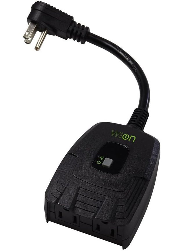WiOn 50049 Outdoor WiFi Wireless PlugIn Switch Smartphone And Tablet Automation For Up To 12 Devices 2 Grounded Outlets Weather Resistant Energy Saving Wifi Controlled Switch
