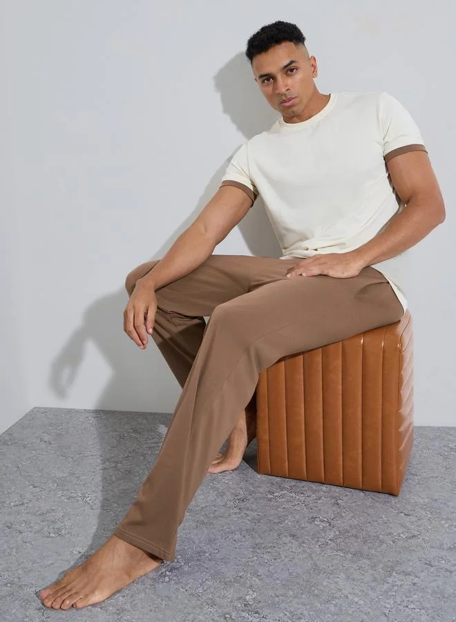 Styli  Brown Short Sleeves T-Shirt and Pants Relaxed Fit Pyjama Set for Men | Best Price UAE