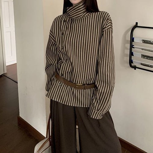 French-style Elegant Placket Striped Long-sleeved Shirt Womens 2025 Spring New Korean-style Half-high Collar All-match Top Brown (belt not included)