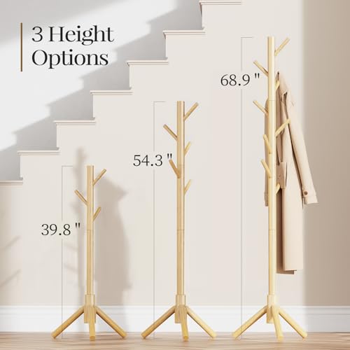 Pipishell Coat Rack Sturdy Wooden Coat Rack Stand, Adjustable Coat Tree, Free Standing Tree Hanger with 4 Sections & 8 Hooks, for Home/Bedroom/Office/Hallway/Entryway - Image 3