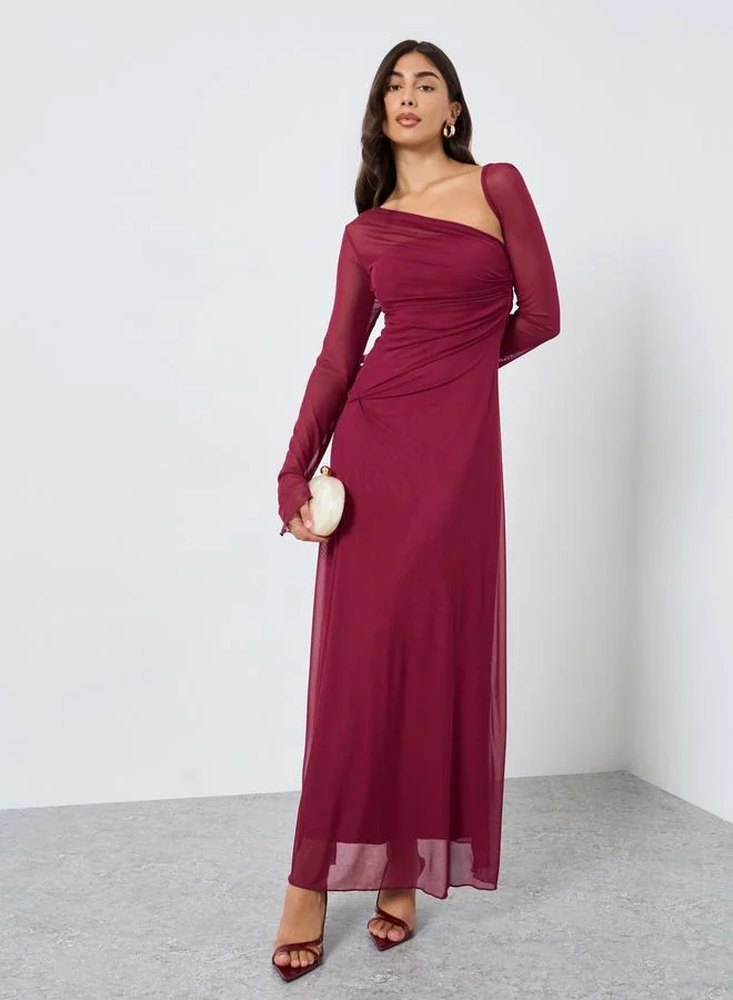 Styli Burgundy Asymmetric Neck Maxi Evening Dress