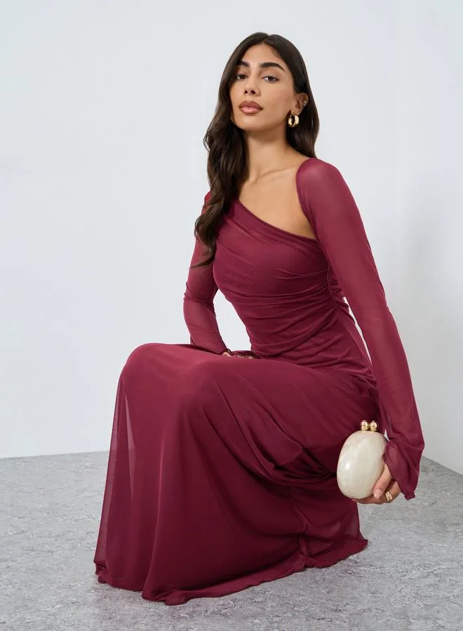 Styli Burgundy Asymmetric Neck Maxi Evening Dress