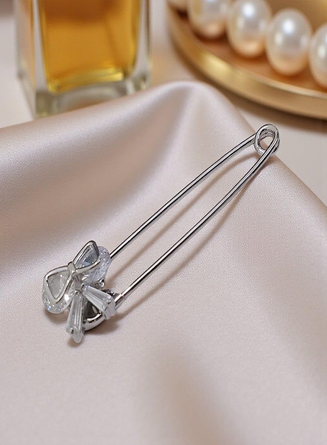ACCESSHER Women's & Girls Silver-Plated Bow American Diamond Safety Pin Brooch, Decorative Saree and Hijab Pin, Elegant Saree Pleats, Pallu & Dupatta Accessory - Image 4