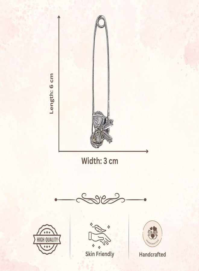 ACCESSHER Women's & Girls Silver-Plated Bow American Diamond Safety Pin Brooch, Decorative Saree and Hijab Pin, Elegant Saree Pleats, Pallu & Dupatta Accessory - Image 5