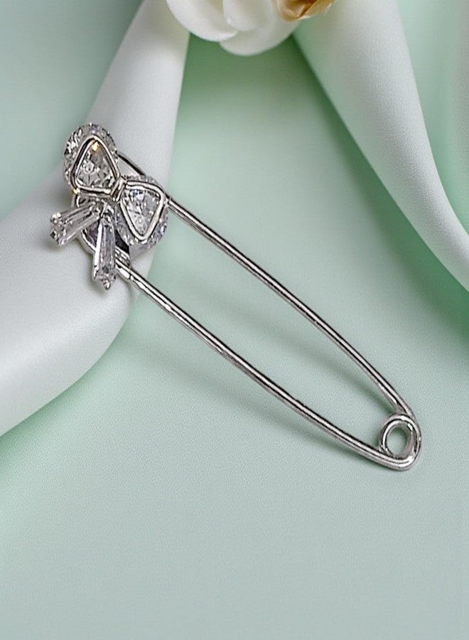 ACCESSHER Women's & Girls Silver-Plated Bow American Diamond Safety Pin Brooch, Decorative Saree and Hijab Pin, Elegant Saree Pleats, Pallu & Dupatta Accessory - Image 3