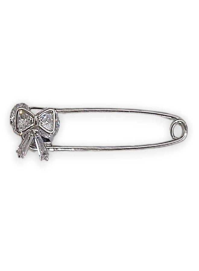 ACCESSHER Women's & Girls Silver-Plated Bow American Diamond Safety Pin Brooch, Decorative Saree and Hijab Pin, Elegant Saree Pleats, Pallu & Dupatta Accessory - Image 1