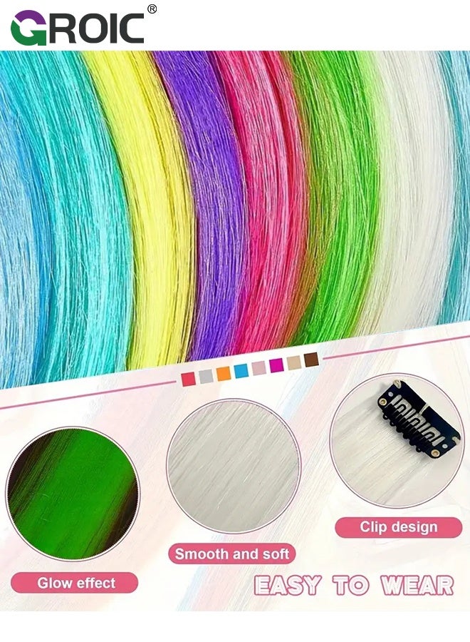 GROIC 18 Pcs Glow in Dark Clip in Hair Extensions,Luminous Clip-In Hair Extension Glow In The Dark Hair Extensions Colored Hairpieces,Neon Fake Hair Clips Fluorescence Hair Accessories,Party Costume Toys - Image 2