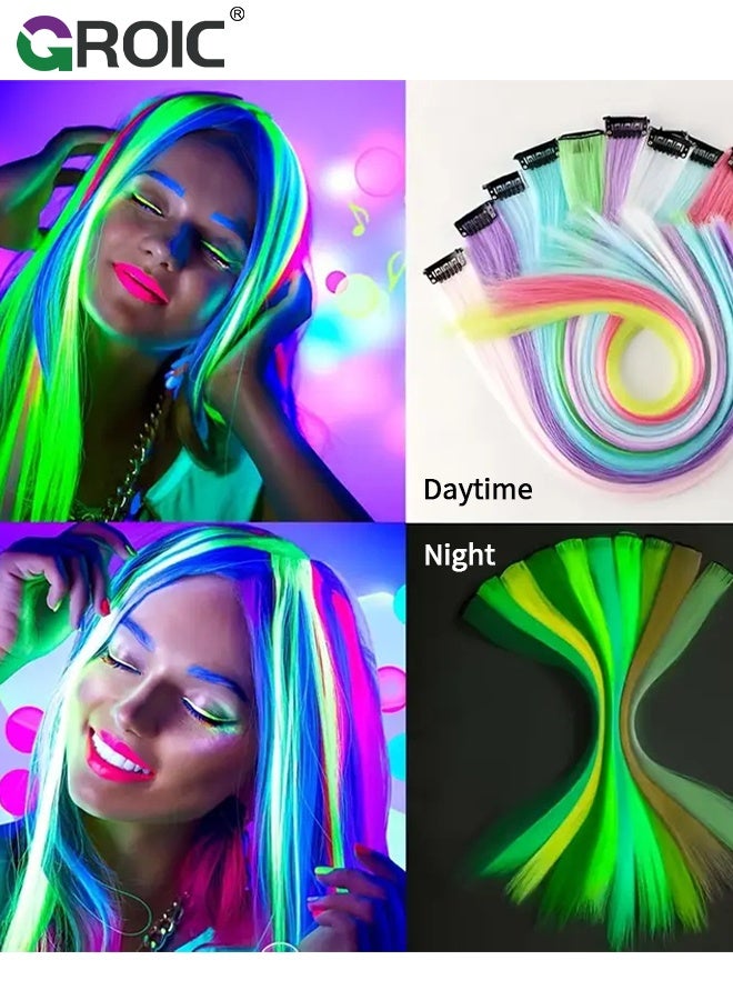 GROIC 18 Pcs Glow in Dark Clip in Hair Extensions,Luminous Clip-In Hair Extension Glow In The Dark Hair Extensions Colored Hairpieces,Neon Fake Hair Clips Fluorescence Hair Accessories,Party Costume Toys - Image 3