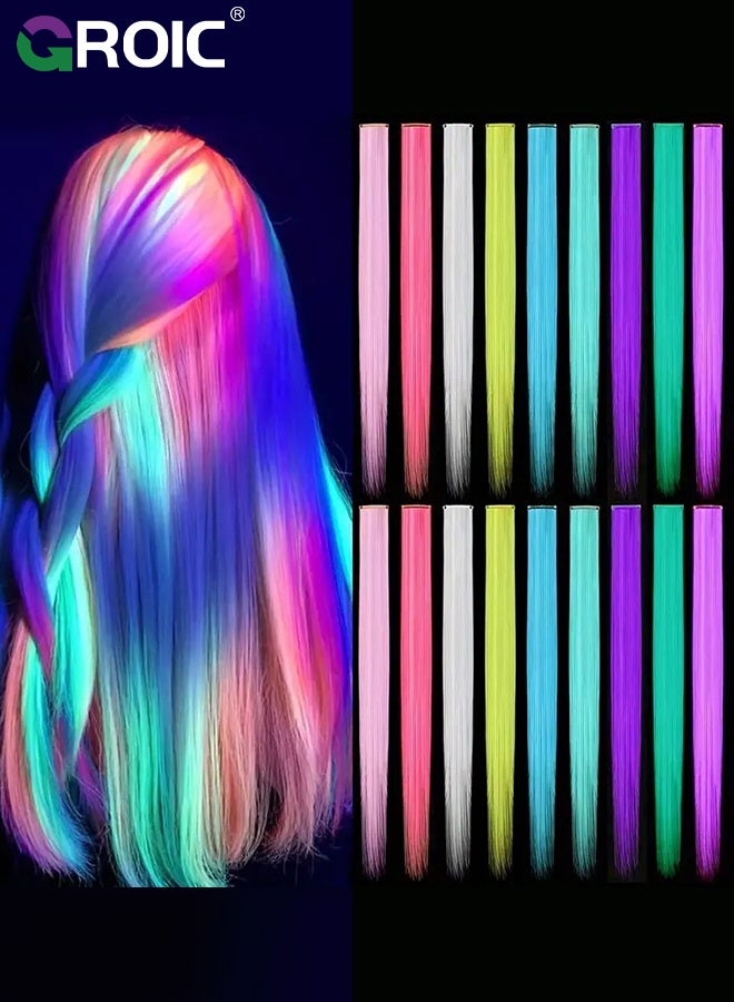 GROIC 18 Pcs Glow in Dark Clip in Hair Extensions,Luminous Clip-In Hair Extension Glow In The Dark Hair Extensions Colored Hairpieces,Neon Fake Hair Clips Fluorescence Hair Accessories,Party Costume Toys - Image 1