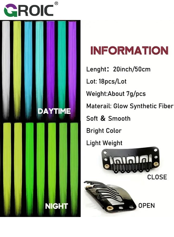 GROIC 18 Pcs Glow in Dark Clip in Hair Extensions,Luminous Clip-In Hair Extension Glow In The Dark Hair Extensions Colored Hairpieces,Neon Fake Hair Clips Fluorescence Hair Accessories,Party Costume Toys - Image 4