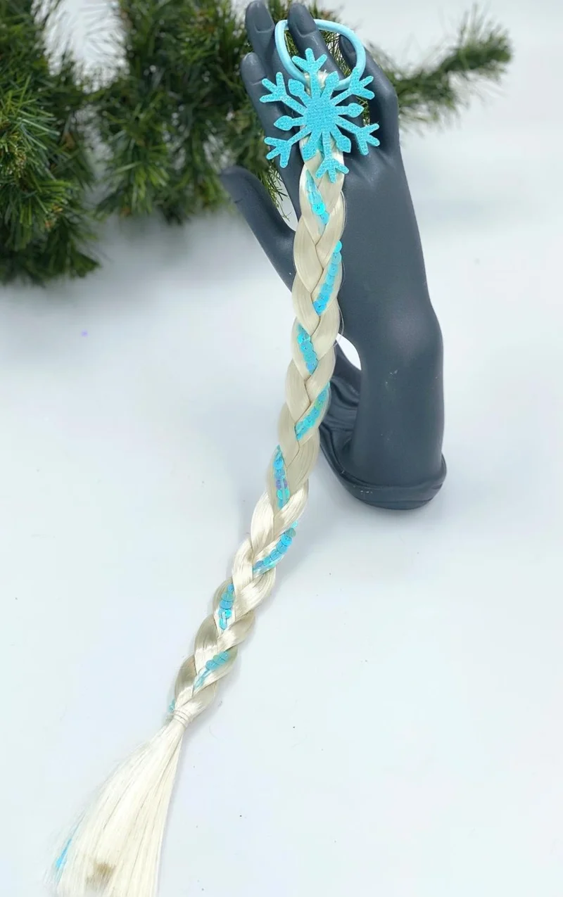 Queen Aksesuar Queen Accessory Elsa Snowflake Glittery Sequin Long Yellow Braid Children's Hairpiece with Fake Hair Elastic Buckle
