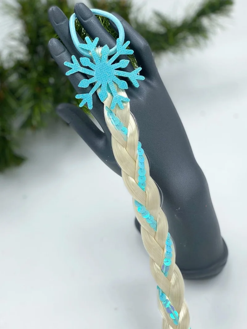 Queen Aksesuar Queen Accessory Elsa Snowflake Glittery Sequin Long Yellow Braid Children's Hairpiece with Fake Hair Elastic Buckle