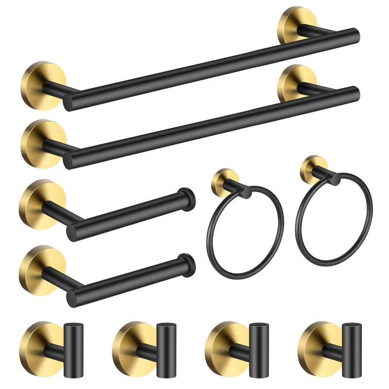 Hinmood Bathroom Hardware Set Black and GoldTowel Bar Set Including 2pcs 16inch Towel Bars 2pcs Toilet Paper Holders 2pcs Towel Rings and 4pcs Robe Towel Hooks