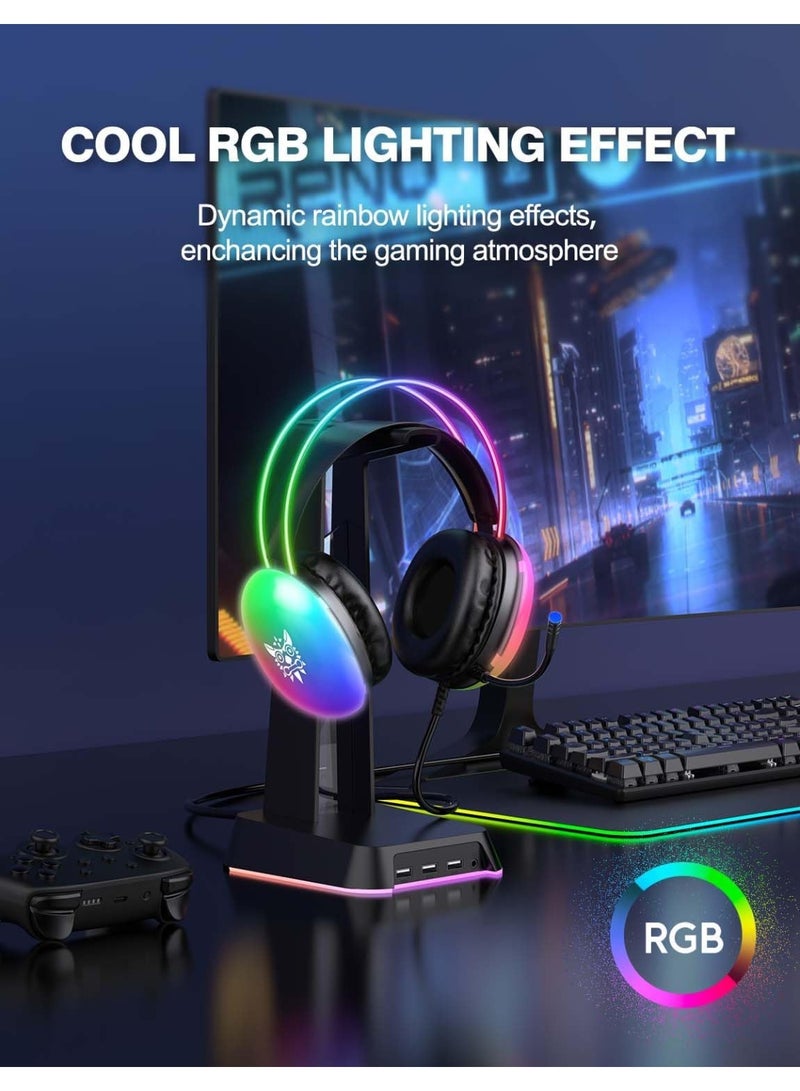 أونيكوما سماعة ألعاب مع ميكروفون – سماعات رأس سلكية بإضاءة RGB لأجهزة الكمبيوتر وPS4 وPS5 وXbox وMac واللاب توب – صوت محيطي ستيريو مع عصابة رأس قابلة للتعديل وتصميم خفيف (أسود) - Image 3