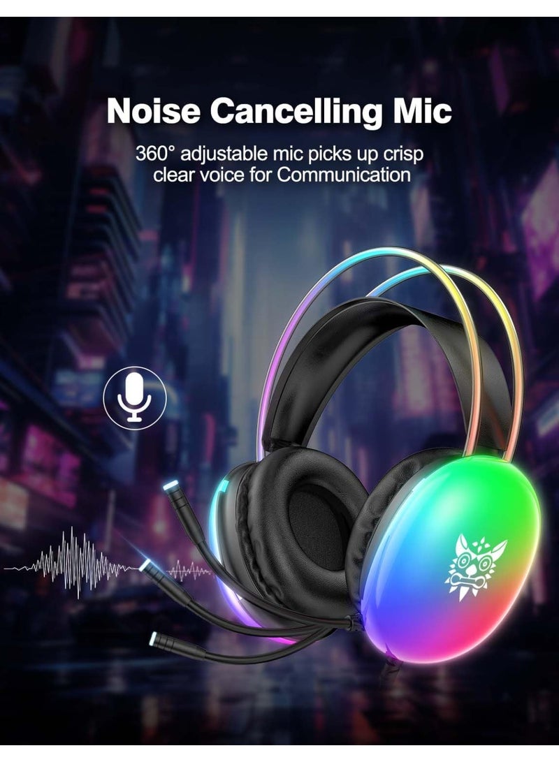 أونيكوما سماعة ألعاب مع ميكروفون – سماعات رأس سلكية بإضاءة RGB لأجهزة الكمبيوتر وPS4 وPS5 وXbox وMac واللاب توب – صوت محيطي ستيريو مع عصابة رأس قابلة للتعديل وتصميم خفيف (أسود) - Image 4