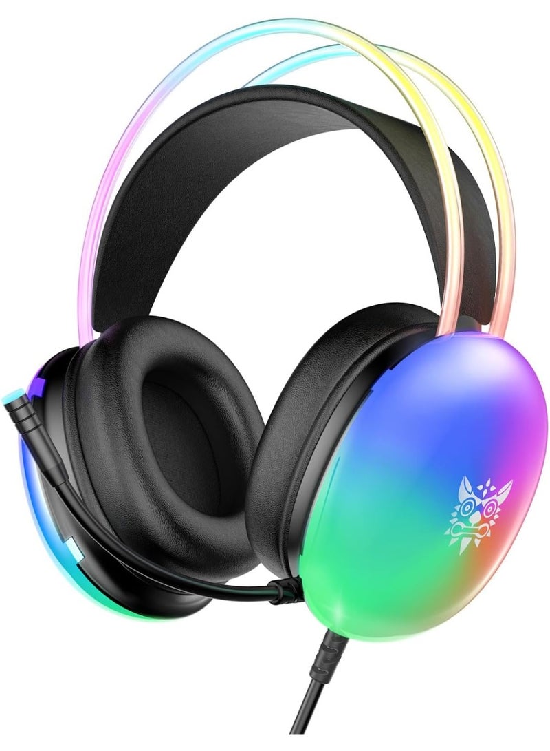 أونيكوما سماعة ألعاب مع ميكروفون – سماعات رأس سلكية بإضاءة RGB لأجهزة الكمبيوتر وPS4 وPS5 وXbox وMac واللاب توب – صوت محيطي ستيريو مع عصابة رأس قابلة للتعديل وتصميم خفيف (أسود) - Image 1