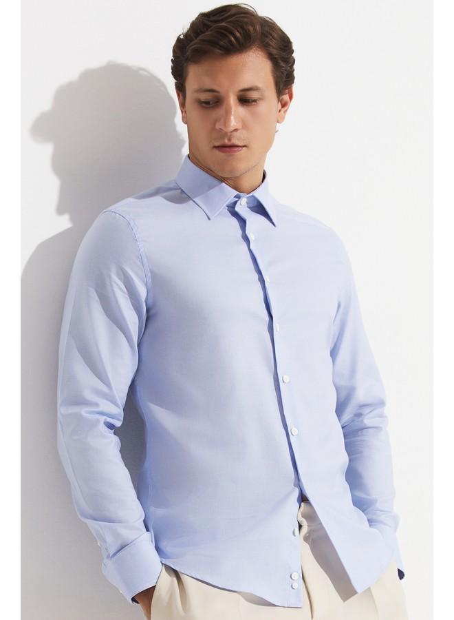 جون قميص رجالي بأكمام طويلة بقصة ضيقة - أبيض - أزرق فاتح - Image 2