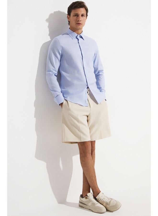 جون قميص رجالي بأكمام طويلة بقصة ضيقة - أبيض - أزرق فاتح - Image 1