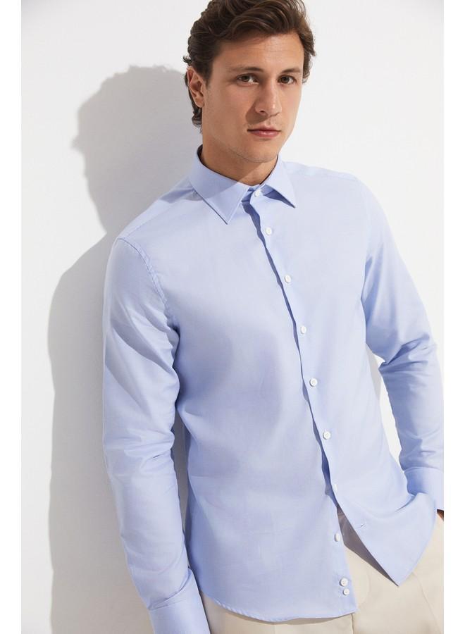جون قميص رجالي بأكمام طويلة بقصة ضيقة - أبيض - أزرق فاتح - Image 3